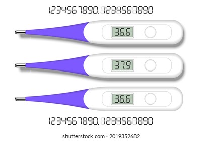 Electronic medical thermometer top view close-up. On white background with and without shadow. With set of numbers. Temperature 36.6 and 37.9. Vector illustration.