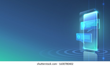 Electronic message phone icon, finance technology, blue background. Vector illustration