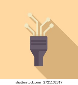 Electronic microchip connecting with wires spreading data flow, flat design icon with long shadow