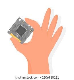 Electronic Microcircuit in hand. The microprocessor and computer chip icon. Computer component central processing unit CPU. Service center. Vector illustration, flat style.	
