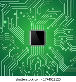 Electronic microcircuit vector illustration with soldered contacts to the microchip. Abstraction for electronic business with technical details.