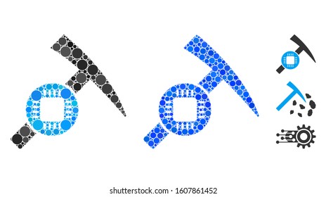 Electronic mining hammer mosaic of circle elements in variable sizes and color tints, based on electronic mining hammer icon. Vector circle elements are united into blue collage.