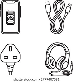 Electronic and mobile accessory line icons set including a charging smartphone, USB cable, UK power plug, and audio headphones. Tech lifestyle equipment and power symbols.