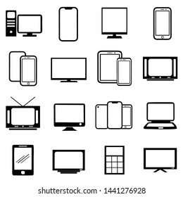 Electronic and mobile phone device icon set. computer, lcd, tv, touch screen symbol design in white background 