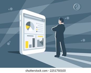 Elektronische mobile Suche. Geschäftskonzept Finanzstatistik Geschäftsmann steht vor einer großen Tablette. Vektorgrafik