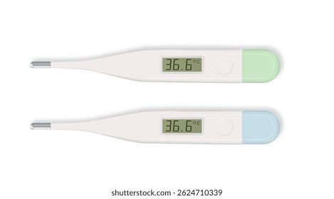 Electrónica termómetro moderno aislado en blanco. Concepto de diagnóstico de fiebre y atención médica. Vector