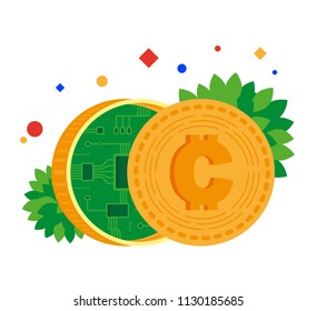 Electronic money. Coin with chip inside. Blockchain. Vector illustration. Separate objects. Isolate.