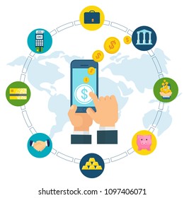 Electronic money concept. Global mobile payment systems on the Internet. Banks and finance, investments and credit. Flat vector cartoon illustration.