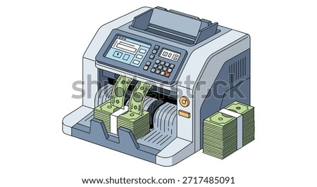 Electronic money counting machine processing large stacks of hundred dollar bills in a flat vector illustration.