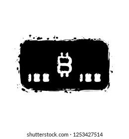 Electronic money icon. Bitcoin card. Black ink with splashes on white background