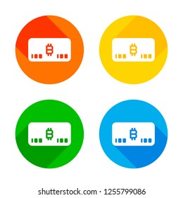 Electronic money icon. Bitcoin card. Flat white icon on colored circles background. Four different long shadows in each corners