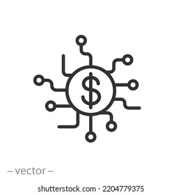 icono del dinero electrónico, moneda digital, tecnología ciberfinanciera, símbolo web de línea delgada sobre fondo blanco - ilustración vectorial de trazo editable