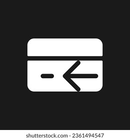 Electronic money refund dark mode glyph ui icon. Payment card operations. User interface design. White silhouette symbol on black space. Solid pictogram for web, mobile. Vector isolated illustration
