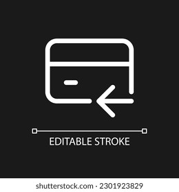 Electronic money refund pixel perfect white linear ui icon for dark theme. Banking and finance. Vector line pictogram. Isolated user interface symbol for night mode. Editable stroke. Arial font used