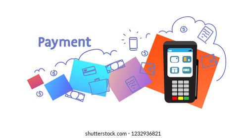 electronic money transaction payment terminal concept sketch doodle horizontal isolated flat vector illustration