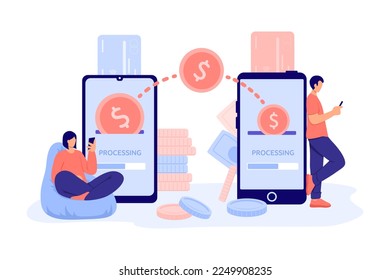 Transferencia electrónica de dinero. La gente usa smartphones y aplicaciones móviles para pagos en línea. Proceso de pago en línea. Las listas de administración de caracteres utilizan la aplicación. Ilustración del vector