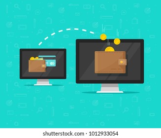 Electronic money transfer vector illustration, flat cartoon design of two computers pc with digital wallets transferring money electronically, sending or receiving cash online via internet banking