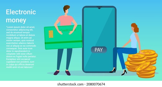 Electronic money.People on the background of a large credit card.The concept of fast money transfers.Poster in business style.Flat vector illustration.