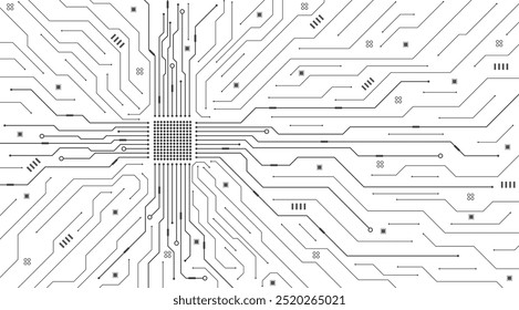 Textura da placa do circuito da motherboard eletrônica. Fundo abstrato Tom preto-branco. Conceito de linha de circuito digital e conexões poligonais de curva. Ilustração vetorial.