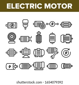 Electronic Motor Tool Collection Icons Set Vector. Electronic Motor Equipment Repair With Wrench, Lightning Mark On Engine Concept Linear Pictograms. Monochrome Contour Illustrations - Shutterstock ID 1654079392