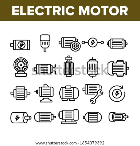 Electronic Motor Tool Collection Icons Set Vector. Electronic Motor Equipment Repair With Wrench, Lightning Mark On Engine Concept Linear Pictograms. Monochrome Contour Illustrations Foto stock © 