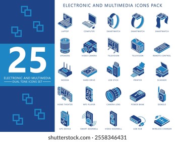 Electronic and multimedia dual tone icons set, contain smartphone, tv, speaker, smartwatch, disk, camera and more. vector EPS 10. For UI, UX technology, home appliances theme, app and web development.