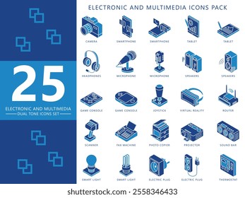 Electronic and multimedia dual tone icons set, contain modem, bulb, printer, disk, console, camera and more. vector EPS 10. use for UI, UX technology, home appliances theme, app and web development.