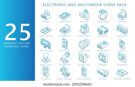 Elektronische und Multimedia-Farbverlauf-Gliederungssymbole, enthalten Modem, Glühbirne, Drucker, Disc, Kamera und mehr. Vektor EPS 10. verwenden für UI, UX-Technologie, Haushaltsgeräte Thema, App und Web-Entwicklung.