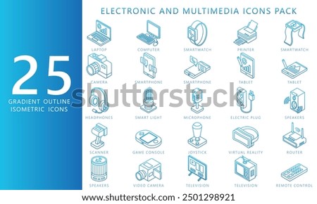 Electronic and multimedia gradient outline icons set, contain smartphone, tv, smartwatch, disk, camera and more. vector EPS 10. For UI, UX technology, home appliances theme, app and web development.