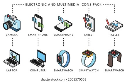 Electronic and multimedia isometric 3d icons set, contain smartphone, smartwatch, tablet, laptop and more. vector EPS 10. use for UI, UX technology, home appliances theme, app and web development.