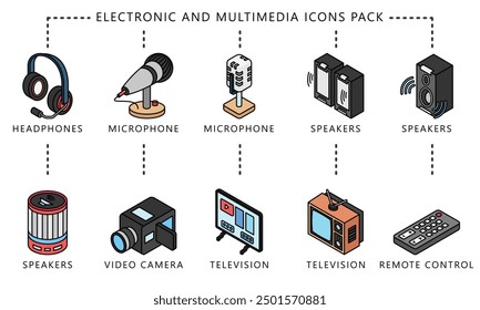 Electronic and multimedia isometric 3d icons set, contain speaker, tv, headphone, video camera, mic and more. vector EPS 10. use for UI, UX technology, home appliances theme, app and web development.