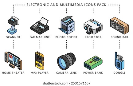 Electronic and multimedia isometric 3d icons set, contain scanner, lens, game console, dongle, projector. vector EPS 10. use for UI, UX technology, home appliances theme, app and web development.