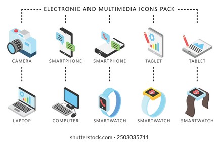 Electronic and multimedia isometric 3d icons set, contain smartphone, smartwatch, tablet, laptop and more. vector EPS 10. use for UI, UX technology, home appliances theme, app and web development.