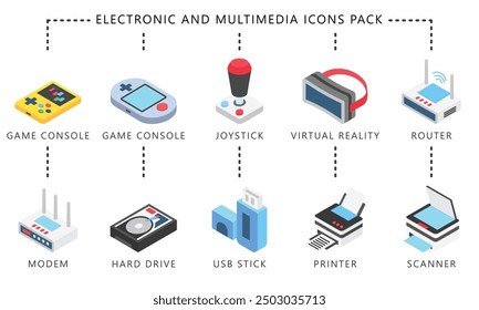 Elektronische und Multimedia-Isometrie 3D-Symbole, enthalten Spielekonsole, Joystick, Router, Drucker und mehr. Vektor EPS 10. verwenden für UI, UX-Technologie, Haushaltsgeräte Thema, App und Web-Entwicklung.