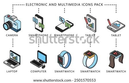 Electronic and multimedia isometric 3d icons set, contain smartphone, smartwatch, tablet, laptop and more. vector EPS 10. use for UI, UX technology, home appliances theme, app and web development.