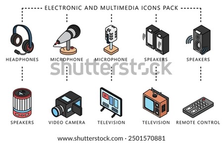 Electronic and multimedia isometric 3d icons set, contain speaker, tv, headphone, video camera, mic and more. vector EPS 10. use for UI, UX technology, home appliances theme, app and web development.