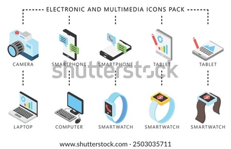 Electronic and multimedia isometric 3d icons set, contain smartphone, smartwatch, tablet, laptop and more. vector EPS 10. use for UI, UX technology, home appliances theme, app and web development.