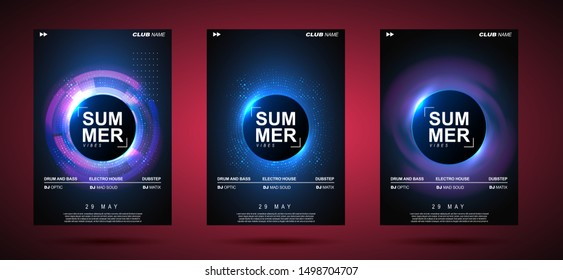 Electronic music abstract background blue. Party poster design showing sound waves. Music background. Circle frame for text.