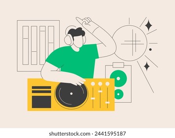 Ilustración de vector de concepto abstracto de música electrónica. DJ set, curso escolar, actuación en vivo de libro, géneros de música electrónica, fiesta de discoteca, festival al aire libre, cultura rave metáfora abstracta.