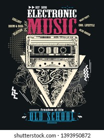 Electronic music art. Audio type and flowers. Modern musical print. Old school slogan 