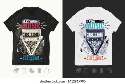 Electronic music art. Audio type and flowers. Modern musical print for t-shirts and another, trendy apparel design. Old school slogan 