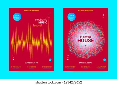 Electronic Music Banner. Techno Sound Flyer Design. Vector Equalizer Concept with Amplitude of Distorted Lines. Wave Banner for Dance Event Promotion. Abstract Vibrant Poster. Minimal Dj Party Banner.