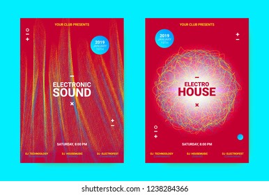 Electronic Music Banner. Techno Sound Flyer Design. Vector Equalizer Concept with Amplitude of Distorted Lines. Wave Banner for Dance Event Promotion. Abstract Vibrant Poster. Minimal Dj Party Banner.