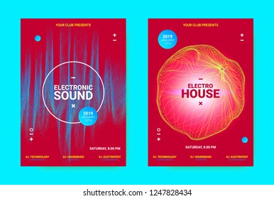 Electronic Music Banner. Techno Sound Flyer Design. Vector Equalizer Concept with Amplitude of Distorted Lines. Wave Banner for Dance Event Promotion. Abstract Vibrant Poster. Minimal Dj Party Banner.