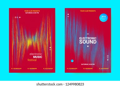 Electronic Music Banner. Techno Sound Flyer Design. Vector Equalizer Concept with Amplitude of Distorted Lines. Wave Banner for Dance Event Promotion. Abstract Vibrant Poster. Minimal Dj Party Banner.