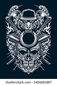 Electronic music collage with tiger head in snapback, dynamics, synthesizers, katana swords, fire, skull in headphones and floral patterns. White and grey colors on black. Space for your text.