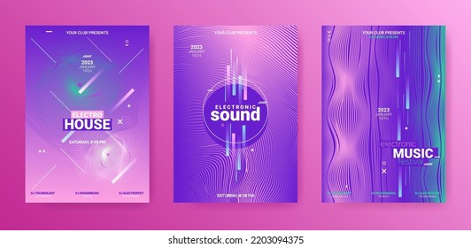 Electronic Music Cover Set. Minimal Sound Design. Vector 3d Illustration. Electro Music Cover Collection. Techno Dance Poster. Gradient Wave Line. Abstract Edm Banner. Electronic Music Covers.