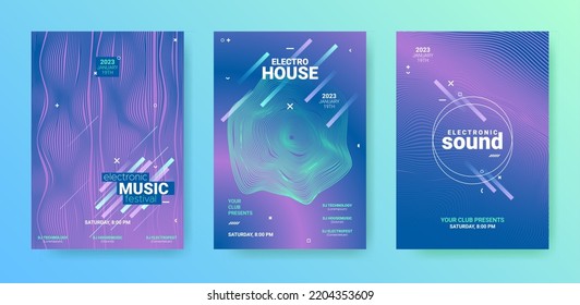 Electronic Music Cover Set. Techno Party Flyer. Gradient Distort Waves.