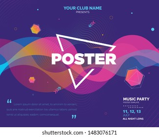 Electronic Music Covers for Summer Night Party or Club Party Flyer. Colorful Waves Gradient Background. Template for DJ Poster, Web Banner, Pop-Up.

