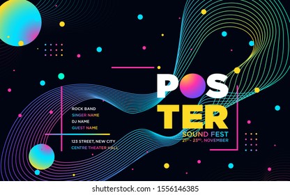 Electronic Music Covers for Summer Night Party or Club Party Flyer. Colorful Waves Gradient Background. Template for DJ Poster, Web Banner, Pop-Up. Geometric template vector design. 